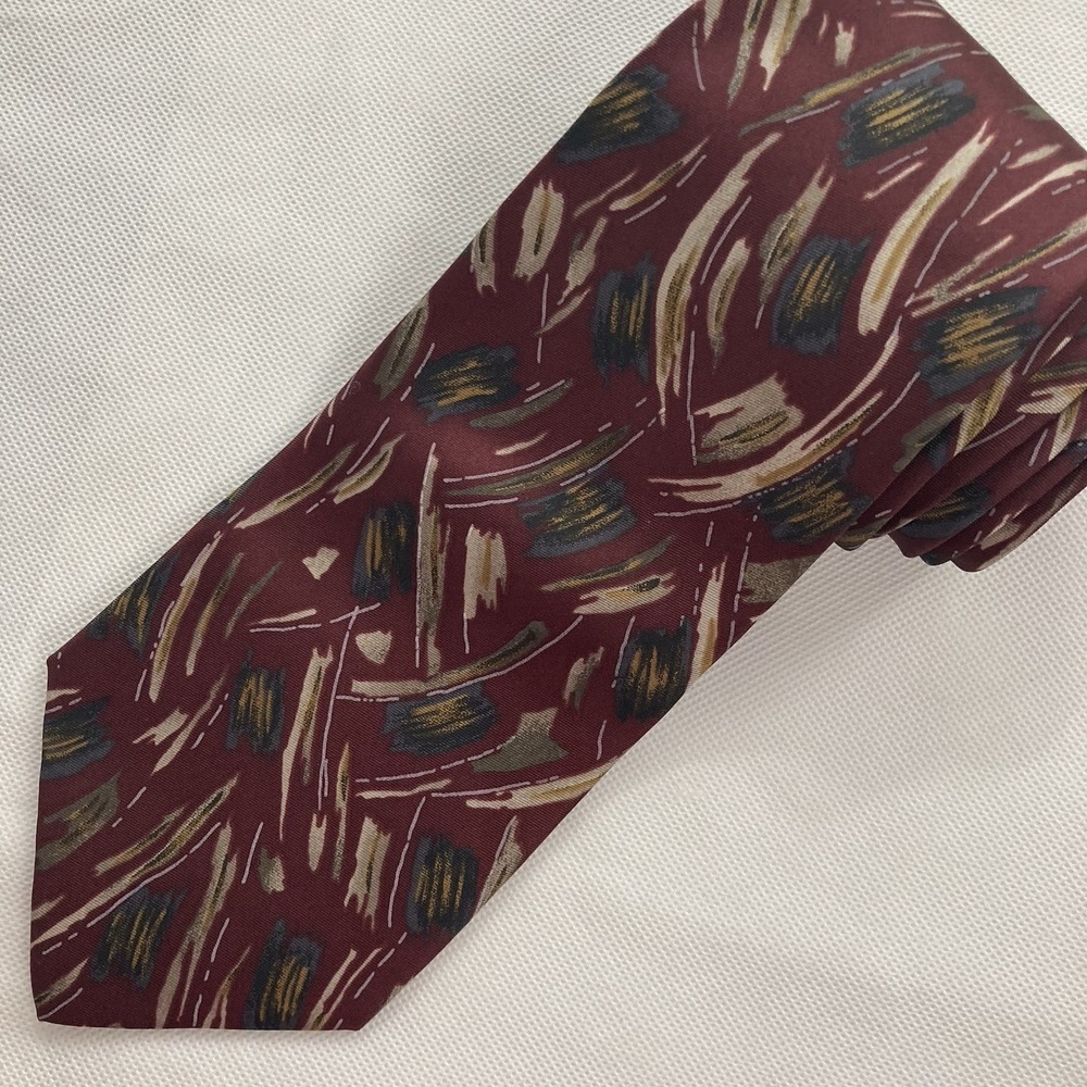 Vintage Barrington 100% Silk Tie Burgundy Gray Gold Abstract 57" x 4"